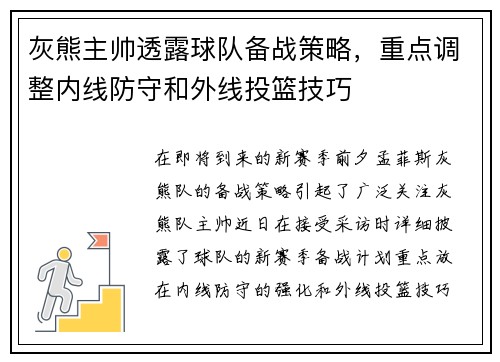 灰熊主帅透露球队备战策略，重点调整内线防守和外线投篮技巧