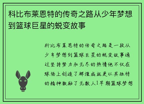 科比布莱恩特的传奇之路从少年梦想到篮球巨星的蜕变故事
