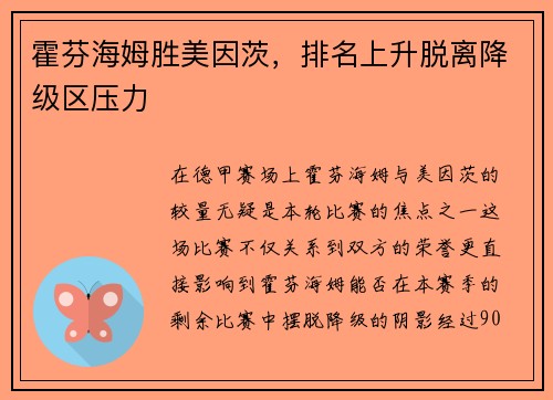 霍芬海姆胜美因茨，排名上升脱离降级区压力