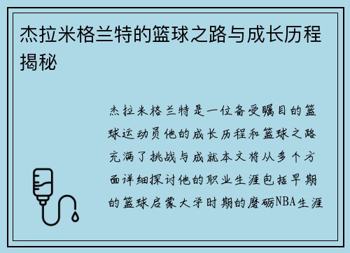 杰拉米格兰特的篮球之路与成长历程揭秘