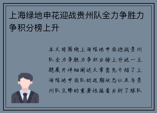 上海绿地申花迎战贵州队全力争胜力争积分榜上升