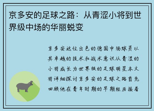 京多安的足球之路：从青涩小将到世界级中场的华丽蜕变
