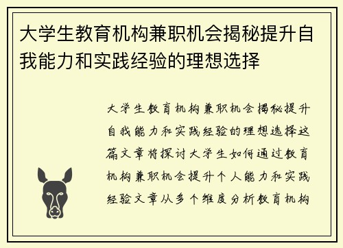 大学生教育机构兼职机会揭秘提升自我能力和实践经验的理想选择