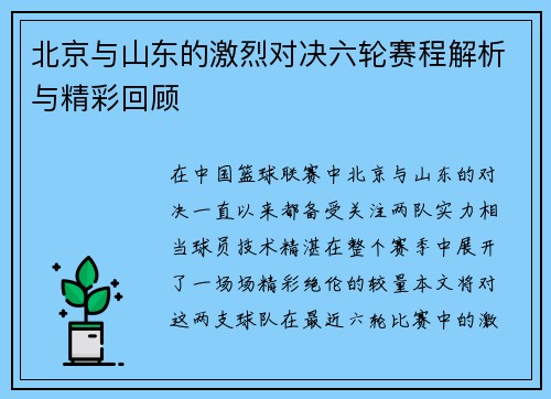 北京与山东的激烈对决六轮赛程解析与精彩回顾