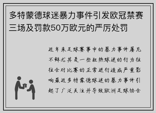 多特蒙德球迷暴力事件引发欧冠禁赛三场及罚款50万欧元的严厉处罚