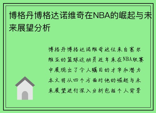 博格丹博格达诺维奇在NBA的崛起与未来展望分析
