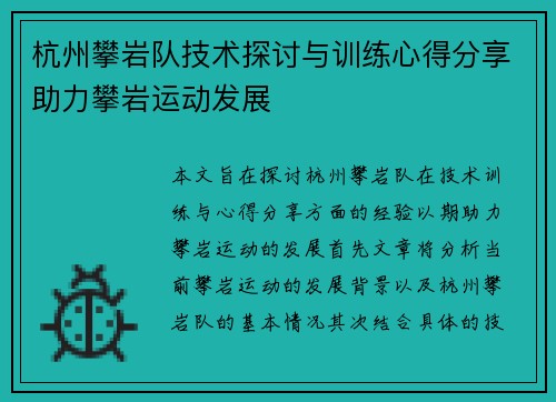 杭州攀岩队技术探讨与训练心得分享助力攀岩运动发展