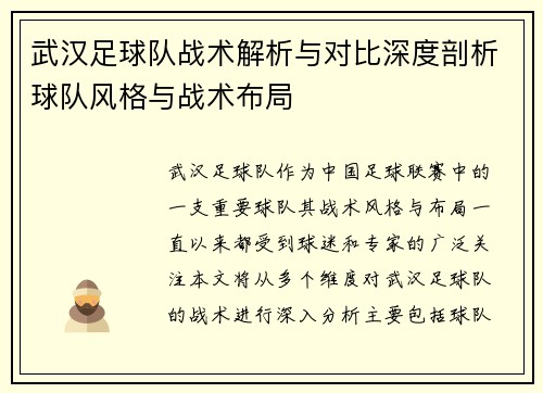 武汉足球队战术解析与对比深度剖析球队风格与战术布局