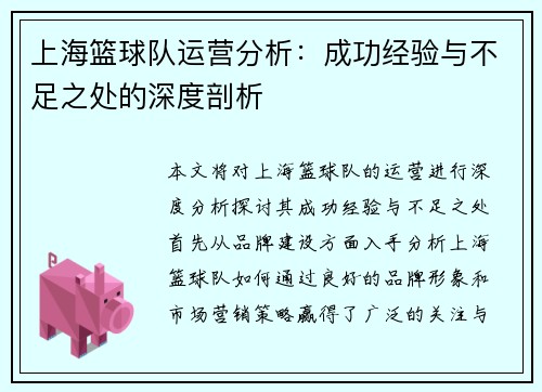上海篮球队运营分析：成功经验与不足之处的深度剖析